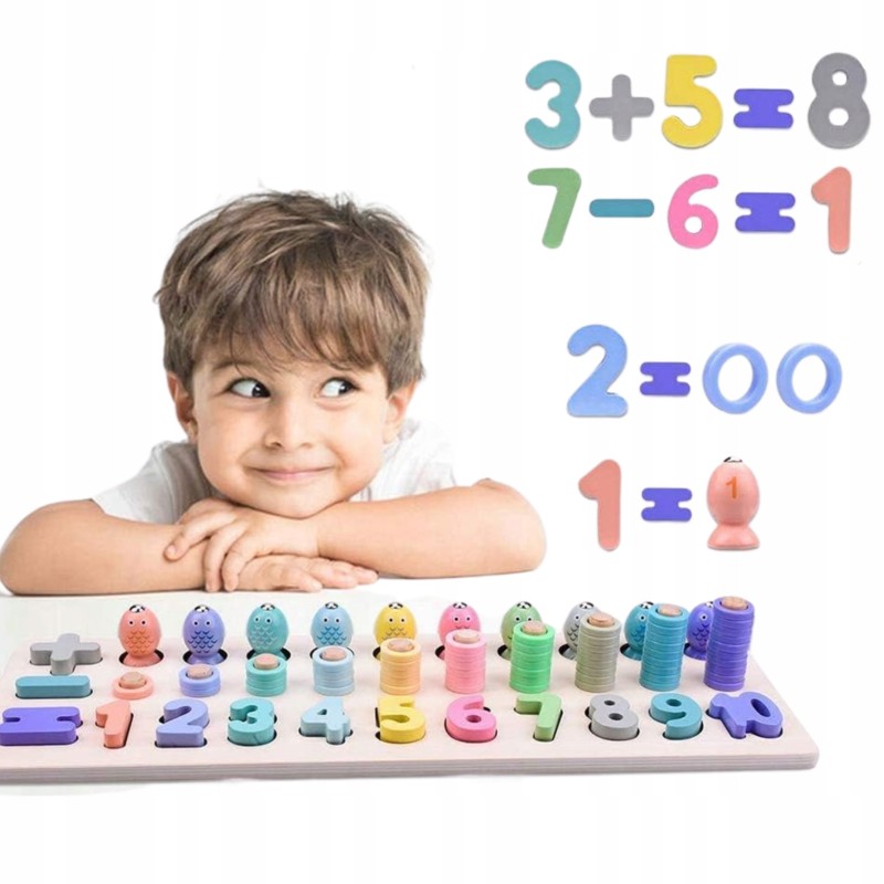 DREWNIANA UKŁADANKA TRENING MÓZGU MONTESSORI PUZZLE CYFERKI ŁOWIENIE RYBEK