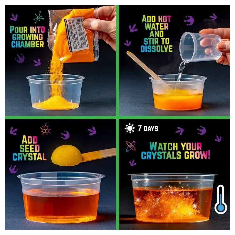 ZESTAW NAUKOWY EDUKACYJNY HODOWLA KRYSZTAŁY LED DINOZAUR KOLOROWE PROSZKI